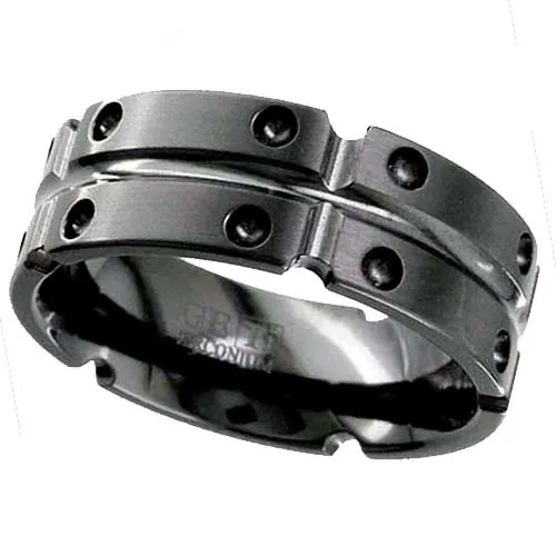 Black Zirconium Wedding Rings UK with Segments and Indentations